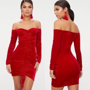 Velvet Bardot Long Sleeve Ruched Bodycon Dress